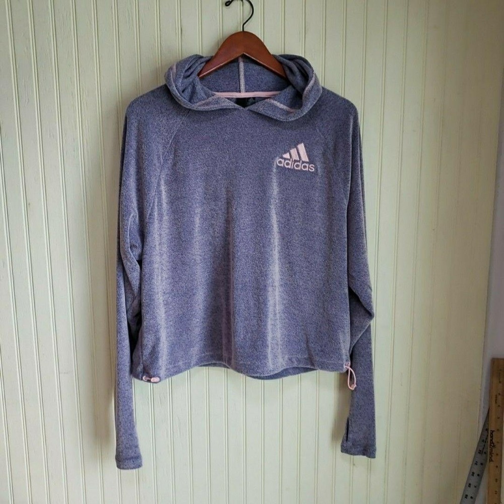 Adidas Hoodie Womens Medium Blue Terry Logo Pullover Thumbhole Drawcord Hem - Picture 2 of 10